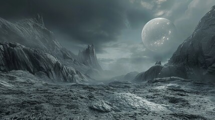 Mountain rocks and a planetmoon in the sky a gloomy landscape A dark gloomy landscape of rocky stone reliefs and a planet in the sky 3D render