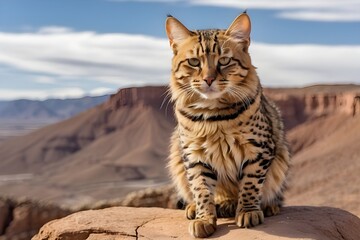 A regal leopard cat with golden fur and a fierce expression, standing atop a rocky cliff overlooking a vast desert landscape.