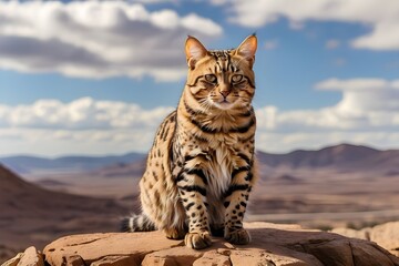 A regal leopard cat with golden fur and a fierce expression, standing atop a rocky cliff overlooking a vast desert landscape.