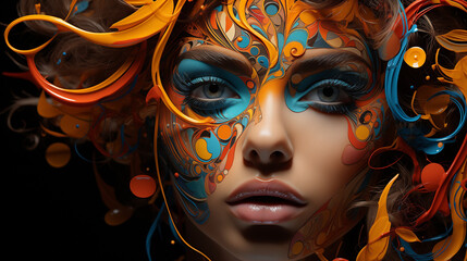Obraz premium Generative art, abstract portrait, vibrant colors, intricate patterns, facial features