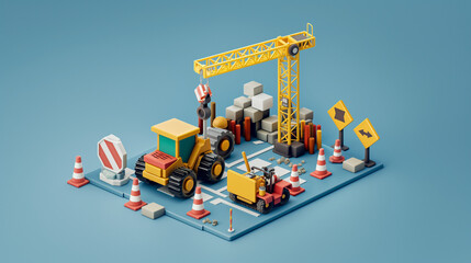 Construction site illustration with machinery, crane, and road signs.