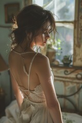 Naklejka premium Young Woman Getting Dressed in a White Lace Dress Early in the Morning. Generative AI