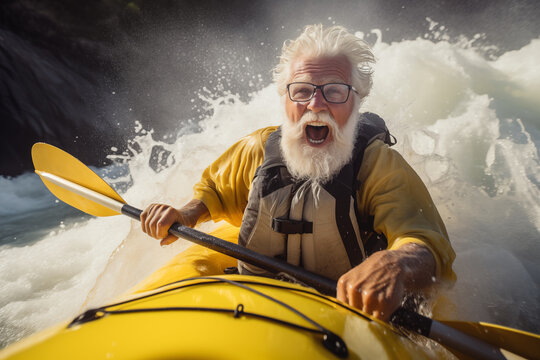 excited elderly man paddling on yellow kayak