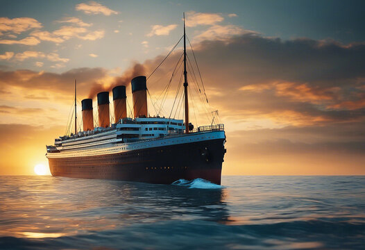 Picture representing the Titanic ship at sea. 3d rendering