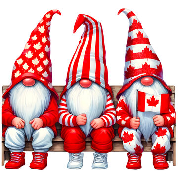 Watercolor of three canadian gnomes  wearing cute canda outfit celebrate canaday's day.