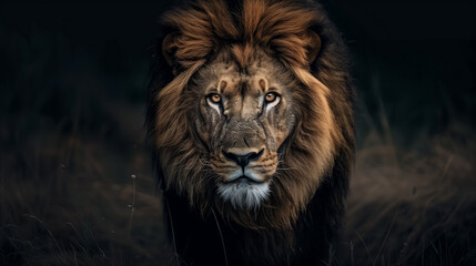 Fototapeta premium epic portrait of a lion on a dark background. concept of wildlife rescue