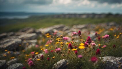 A field of wildflowers and other wildflowers on a rocky outcropping on a cloudy day.