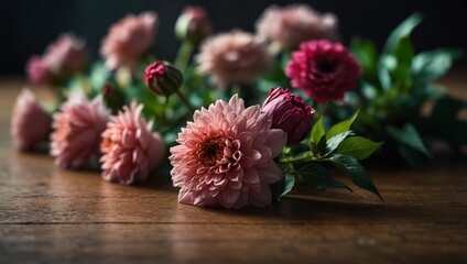 A group of flowers arranged on a green-pink pile on a tabletop.
