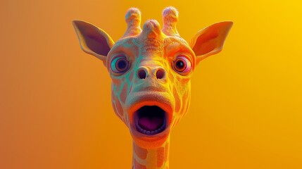 Naklejka premium A cartoon giraffe with a surprised expression, rendered in vibrant colors against a warm orange background.
