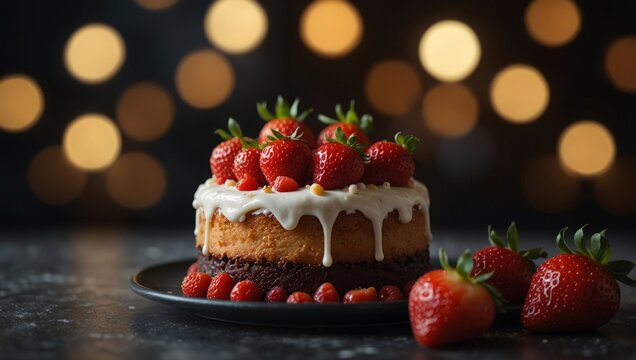 Two cakes with strawberries on top and one cake with strawberries on the bottom.