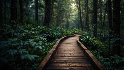 Fototapeta premium A wooden pathway surrounded by dense foliage in a forest.