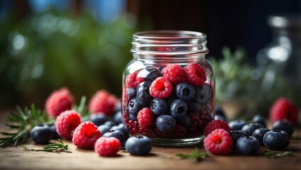 A jar, brimming with blueberries and raspberries, rests atop a table Nearby, a fragrant sprig of rosemary adds enticing aroma.