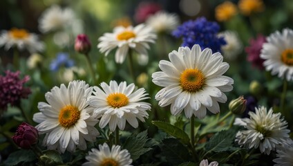 Obraz premium A white surface bears a collection of differently colored flowers, with green leaves anchoring some blooms centrally.