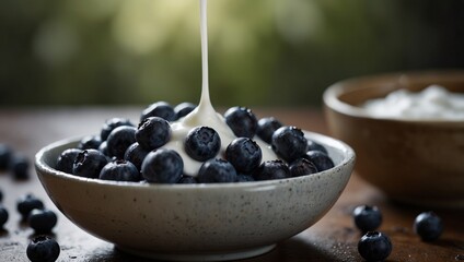 A bowl of blueberries with yogurt being drizzled with a drizzle of yogurt.