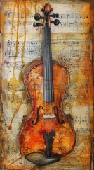 Painting of a violin on a sheet of music