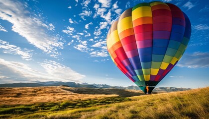 Naklejka premium Up, Up, and Away: The Vibrant Inflation of a Hot Air Balloon
