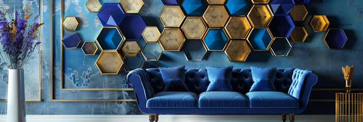 Interlocking hexagons 3D wall art in blue and gold with a royal blue sofa.