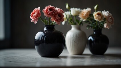 Obraz premium Three vases sit together atop a white table, filled with flowers.