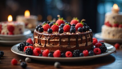 A cake on a plate with berries and figurines on a table next to a plate of figurines.