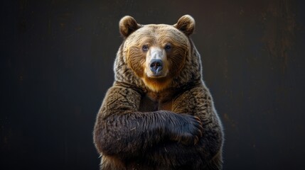 Obraz premium A large brown bear stands with its arms crossed, looking directly at the camera with a serious expression.