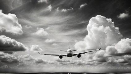 A B&W photo of a sky with clouds, and a plane flying in it In the foreground, another B&W photo of a sky with clouds and a plane.