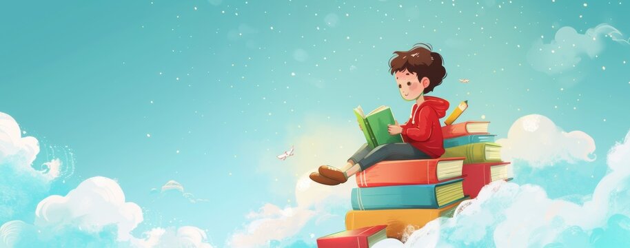 A cartoon boy sitting on top of books, surrounded by clouds and a sky blue background.