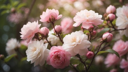 Obraz premium Pink and white blossoms resting atop a pastel background, surrounded by verdant foliage.