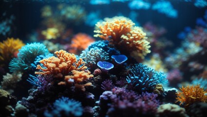 Fototapeta premium Blue background, lots of colorful corals and sea anemones fill fish tank.