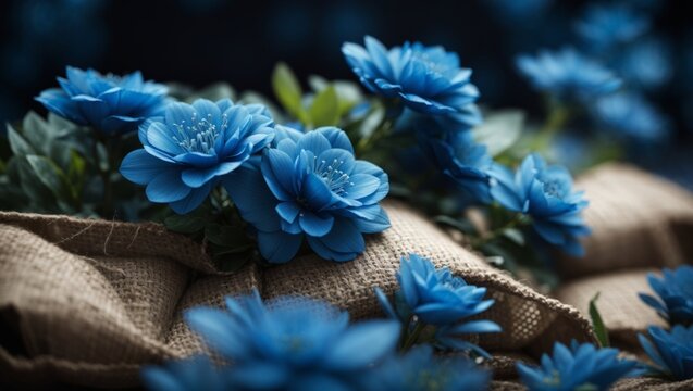 A group of blue flowers placed on top of several layers of burly sacks.