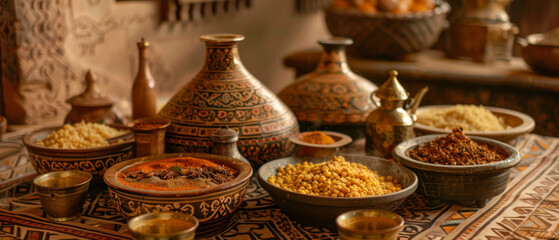 Fototapeta premium A table with many bowls of food and a few vases