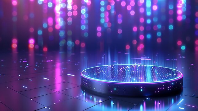 Futuristic podium background with neon accents and a digital display. Metallic surfaces and holographic elements. Bright, dynamic lighting creating a high-tech atmosphere