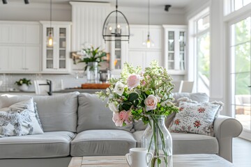A beautiful living room and kitchen in an open concept home with grey velvet couches