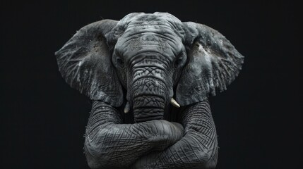 A majestic elephant stands against a black background, arms crossed, with a powerful and contemplative expression.