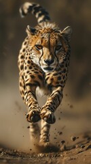 Fototapeta premium A cheetah runs through the dirt, its spots clearly visible. The cheetah's focus is on the prey ahead.