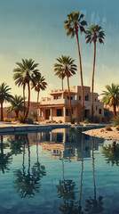 Fototapeta premium Watercolor painting: A mirage of an oasis in the scorching desert heat, with a shimmering pool of water and a few palm trees offering a momentary refuge,