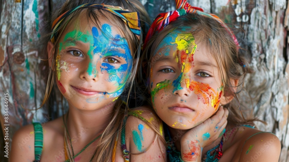 Poster two young girls covered in paint posing for a picture