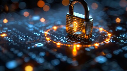 A glowing padlock icon surrounded by binary code, representing secure online transactions and cybersecurity measures. Minimal and Simple,