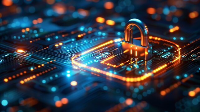 A glowing padlock icon surrounded by binary code, representing secure online transactions and cybersecurity measures. Minimal and Simple,
