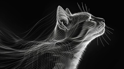 A stylized, wireframe image of a cat looking up, rendered in black and white.  The image evokes a sense of mystery and wonder.