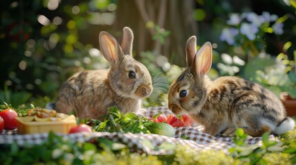 Fototapeta premium Two Adorable Rabbits Enjoying a Picnic on a Sunny Day in a Lush Garden