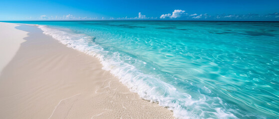 A beautiful blue ocean with a white sandy beach