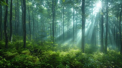 A panoramic view of a dense forest with sunlight filtering through the canopy, creating a serene and peaceful atmosphere. Minimal and Simple,