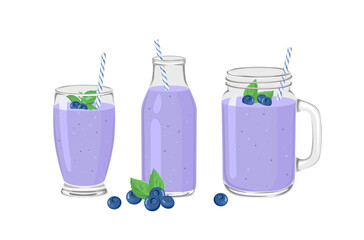 Blueberry smoothies set. Fruit shake in drink glass, bottle and mason jar. Vector cartoon illustration.