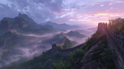 Misty Sunrise Over a Majestic Mountain Range with Ancients Walls