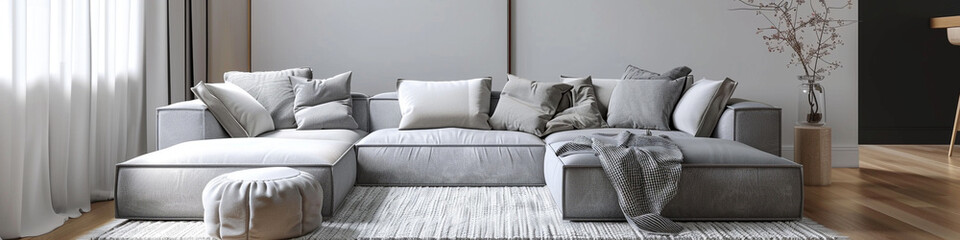Minimalist gray sofa with a white rug and subtle decor.