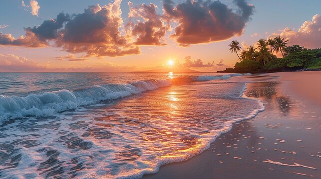 A vibrant sunset over a tranquil beach with gentle waves lapping the shore and palm trees swaying in the breeze. Minimal and Simple,