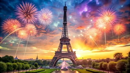 Obraz premium Iconic Eiffel Tower: Bastille Day Celebration in France. Perfect for: Bastille Day celebrations, French national holidays, Event promotions, travel advertisements, social media posts.