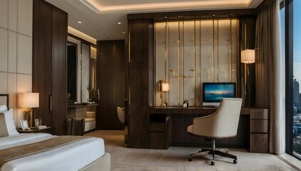 Luxury bedroom suite in resort high rise hotel with working table