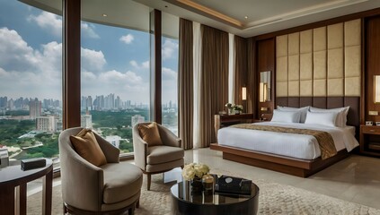 Luxury bedroom suite in resort high rise hotel with working table