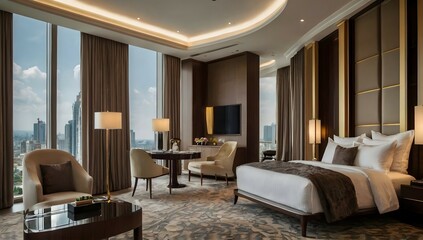 Fototapeta premium Luxury bedroom suite in resort high rise hotel with working table